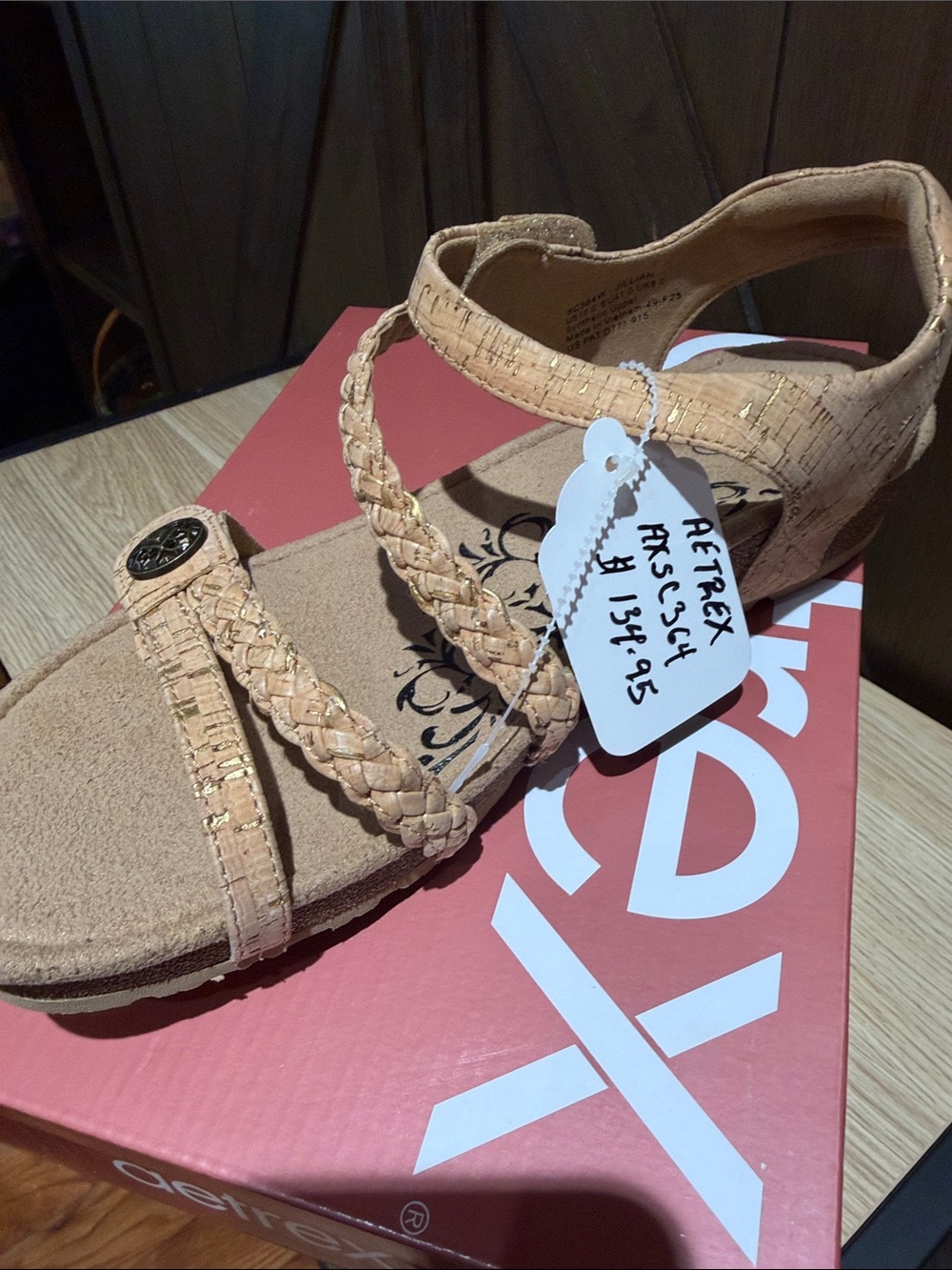 Aetrex Tan Braided Wedge Sandals with Gold Accent